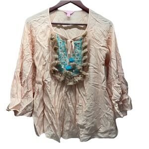 Lily Pulitzer Women's Small Sand Stone Peach Embroidered 3/4 Sleeve Top